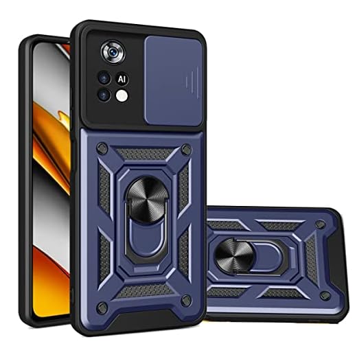 CCSmall Capa resistente para Xiaomi Poco M4 Pro 4G (não 5G) com janela de câmera deslizante, capa de telefone de proteção de grau militar resistente suporte integrado de anel giratório de 360° para Poco M4 Pro 4G SJ azul