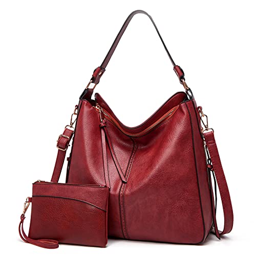 kit de bolsa femininas 2 peças vintage bolsa de ombro com carteira grande capacidade feminina de couro pu bolsa mensageiro casual fashion (Vermelho)