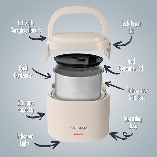 Nostalgia Portable Heated Lunch Box – 2.5-Cup Stainless Steel Food Warmer – Detachable Cord, Leak-Proof Lid, Carry Handle – Portable for Work & Travel – Oatmeal