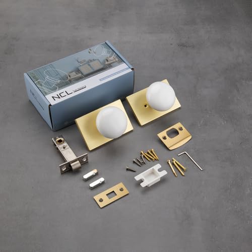 NCL White Door Knob, Satin Brass Porcelain Door Knobs Interior, Rectangle Door Levers for Bedroom and Bathroom, Privacy Door Handles with Lock by NCL Hardware - Image 2