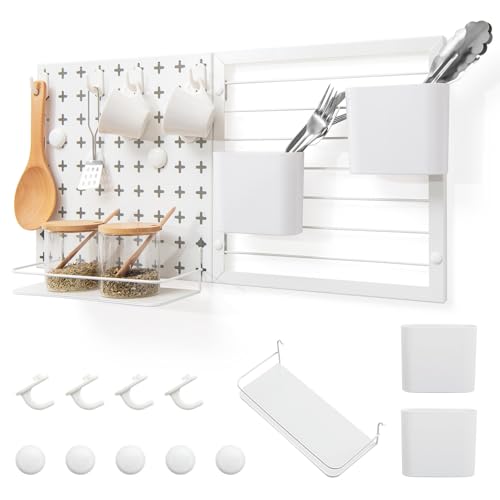 GIANTEX 61x30,5cm Werkzeugwand, Lochwand Metall mit 2 Aufbewahrungsbehälter & 1 Lagergestell & 5 Magneten & 4 Haken, Pegboard Stecktafel zum aufhängen bis 30 kg belastbar, Lochplatte für Garage Küche