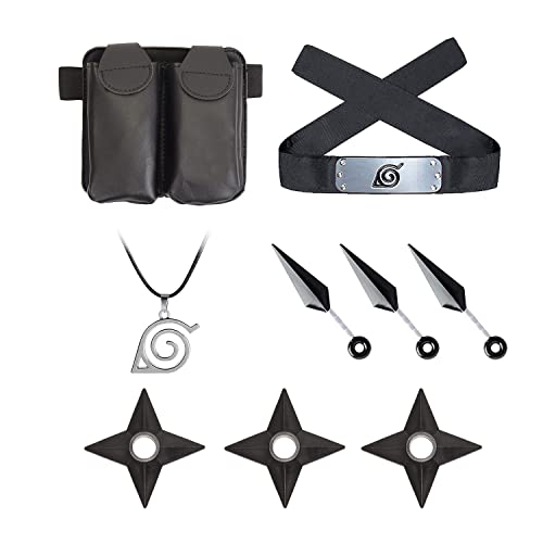 YESSINC Cosplay Anime Naruto Accessoires Ninja Costume Props Konoha Bandeau Collier Pendentif Noir Double Sac Plastique Jouet for Ninja Themed Party