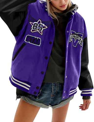 Flygo Damen Varsity Jacke Vintage gesteppt gefüttert Baseball Letterman Jacken Y2K Streetwear, Violett, M