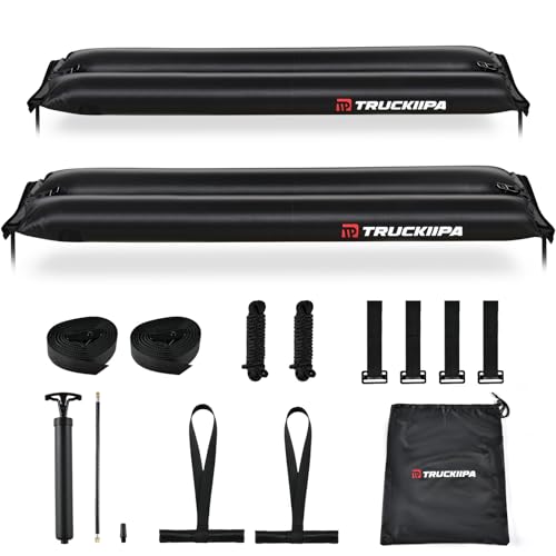 Image of Truckiipa Universal Soft Roof Rack Pads, Inflatable Roof Racks for Surfboard, Kayak, Canoe, SUP,Heavy Duty Luggage Carrier Car Racks System with Straps,1 Air Pump, 4 Hood Loops and Storage Bag