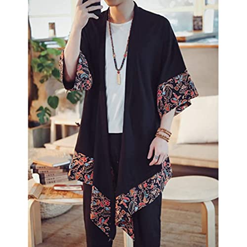 HZCX FASHION Men's Cotton Linen Long Kimono Jackets Open Front Cardigan Cloak2