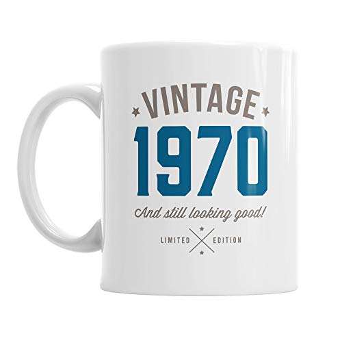 Mainly Mugs Taza de café azul vintage para 50.o regalo de cumpleaños 10 onzas Blanco
