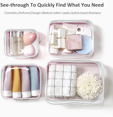4 Pack Clear Toiletry Bags, Portable Travel Makeup Pouch with Zipper, TSA Approved Organizer, Clear Pouch Bags Compatible With Bogg Bag Divider Accessories (Clear White)4
