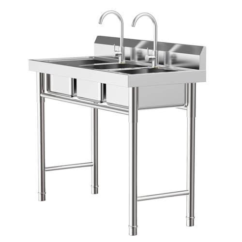 3-Compartment Stainless Steel Utility Sink Free Standing Restaurant Sinks Station with Stainless Steel Drain Spout & PVC Drainage Pipes,Commercial Grade Laundry Tub Culinary Sinks