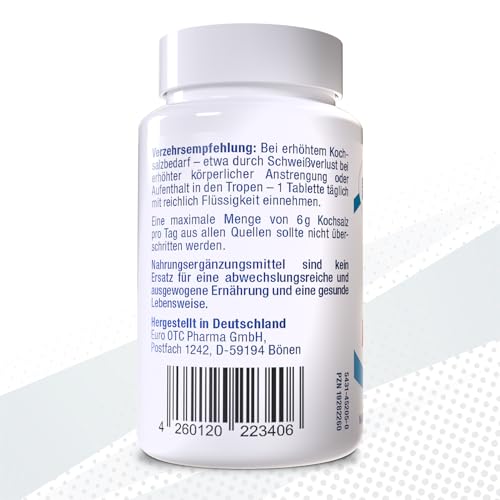 Kochsalz-Tabletten | Hochdosiert mit 1000 mg Natriumchlorid | Vorratspackung mit 100 Tabletten | Vegan | Ohne Zusatz- und Hilfsstoffe | Laborgeprüfte Qualität aus Deutschland