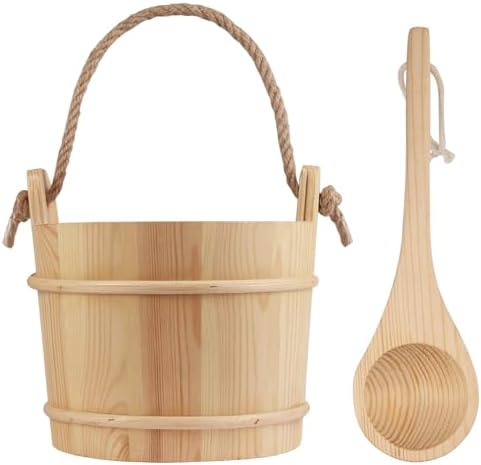 bayisam 5L Wooden Sauna Bucket and Ladle Set, Natural Pine, Handmade Pine Sauna Bucket with Rope Handle