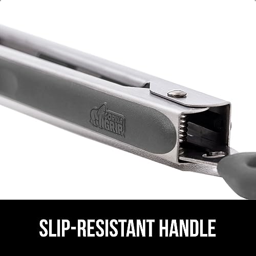 Image of GORILLA GRIP Stainless Steel Heat Resistant Kitchen Tongs for Cooking, Set of 2 BBQ Tong, Non Scratch Silicone Tip for Pans, Strong Grip, Grab Food, Toss Salad, Air Fryer, Pull Lock, 7 + 9 Inch, Gray