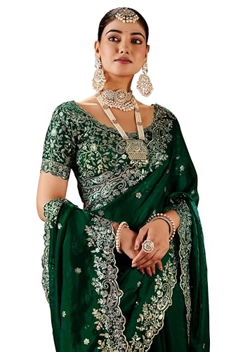 Buy DHARMEE Women's Silk Saree with Embroidered Blouse Piece, Traditional Parte Wear with Gold Border and Hand Work Lace Embellished, Solid/Plain, Applique, Woven, Satin Saree (Green) at Amazon.in - Image 1
