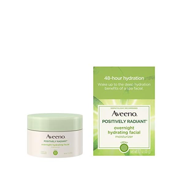 Aveeno Positively Radiant Overnight Hydrating Facial Moisturizer with Soy Extract and Hyaluronic Acid, Oil-Free and Non-Comedogenic, 1.7 oz
