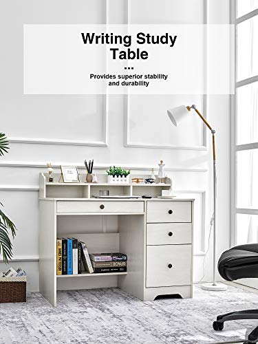 Kealive Computer Desk with 4 Drawers and Hutch Shelf, Wood Frame Home Office Desk with Spacious Desktop, Vintage Style Writing Study Table PC Laptop Notebook Desk, White Oak