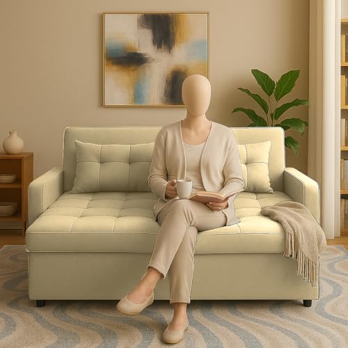 Image of Emilio 2-Seater Sofa Cum Bed for Living Room, Office & Home | Premium Fabric Pull-Out Sofa Set with 1 Year Warranty | Space Saving Convertible Sleeper Sofa | Cream Colour