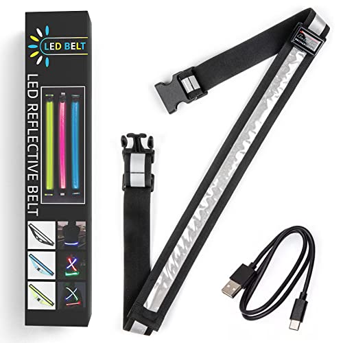 OLIKER LED Reflective Running Gear,High Visibility Reflective Belt Sash with Safety Light,USB Rechargeable Adjustable Size Night Accessories for Night Outdoor Running Walking (Colorful)