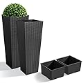 JUMMICO Set of 2 Resin Rattan Tall Planters Outdoor, Large Tapered Planters with Drainage Holes&Inner Trays, Flower Pots for Garden, Patio, Porch, Backyard (Black, 32'')