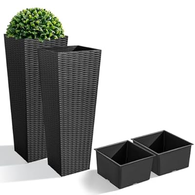 JUMMICO Set of 2 Resin Rattan Tall Planters Outdoor, Large Tapered Planters with Drainage Holes&Inner Trays, Flower Pots for Garden, Patio, Porch, Backyard (Black, 32'')