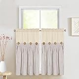 ASPMIZ Cotton Linen Kitchen Curtains 36 Inch Length, Farmhouse Rod Pocket Short Curtains for Window, Brown Stripe Small Window Curtain Boho Rustic Button Window Treatment Tiers for Bathroom, Cafe