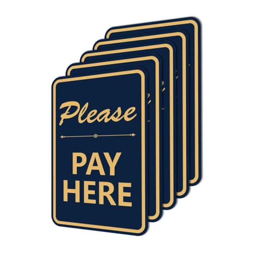 Portrait Round Please Pay Here Sign with Adhesive Tape, Mounts On Any Flat Surface (Navy Blue/Gold) - X-Large (5 Pack)