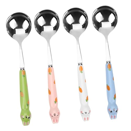 KOMBIUDA Unique Shape Rabbit Spoons Stainless Steel Desserts Spoons Ceramic Handle for Boys and Girls