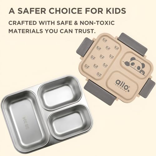 Image of Allo Bento Stainless Steel Lunch Box for Kids- BIS Approved, 304 Stainless Steel 3 Compartment Leakproof Tiffin Box for Boys and Girls for School, Travelling, Baby Snacks, 740ml Beige Panda
