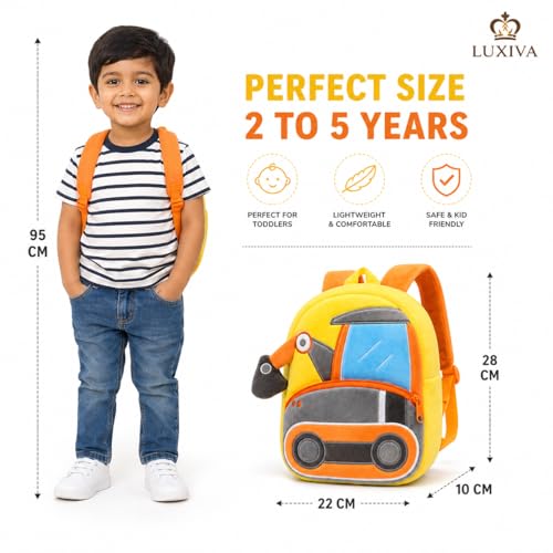 Image of Cartoon Plush Kids School Bag 2-6 Years | Soft Toy Backpack for Boys & Girls | Toddler Nursery Preschool Bag | Lightweight Adjustable Straps