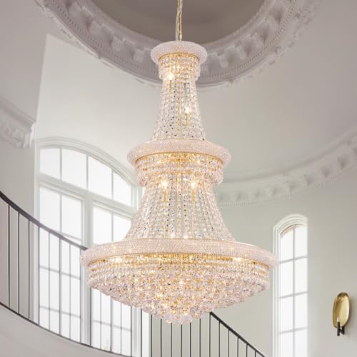 TMAFON Large Gold Crystal Chandelier Light - Diameter 31.5', 3 Layers Ceiling Haning Chandeliers, Pendant Lighting for Living Room, Dining Room, Foyer