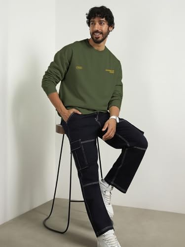 Image of Nobero Men's Graphic Printed Oversized Sweatshirt | Cotton Rich Fleece Round Neck Pullover | Relaxed Fit Casual Winter Wear for Men