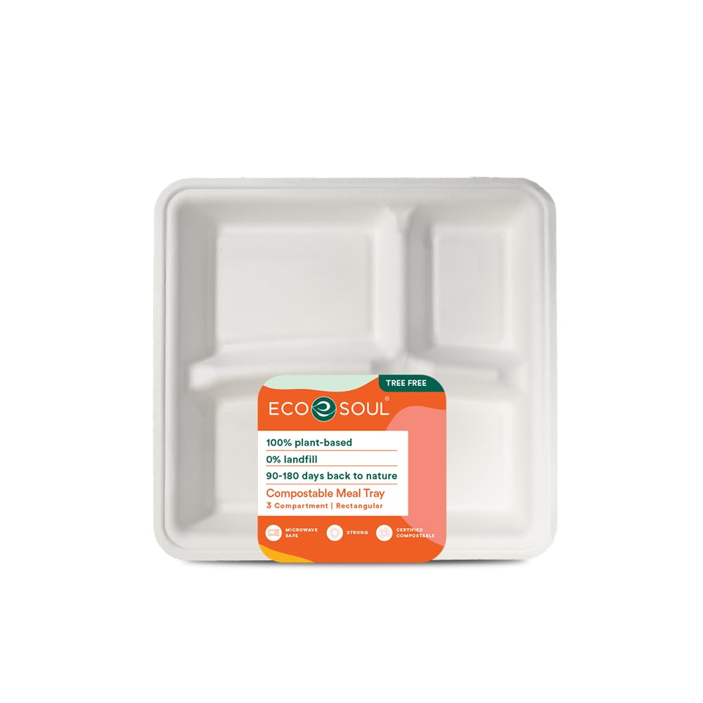 ECO SOUL [50 Pack, 3-Compartment Disposable Meal Tray|Compostable Bagasse Plates|Eco-Friendly Biodegradable Dinner Plates|Party, Wedding, Event Plates (White) (B0CQNVTRQZ) Amazon Price History, Amazon Price Tracker