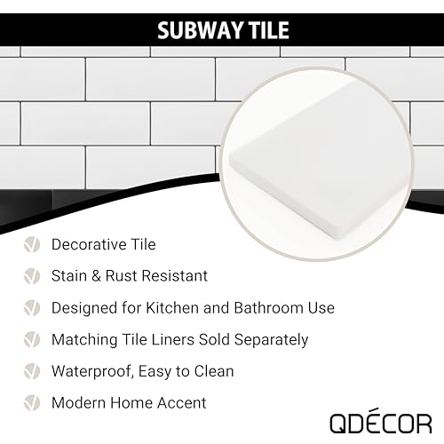 Questech Decor Classic 3x9 Inch Subway Tile, Decorative Interior Wall Tile, Bathroom Shower Remodel Decorative Kitchen Backsplash, Modern Home Decor, Bright White Polished, 12 Pack
