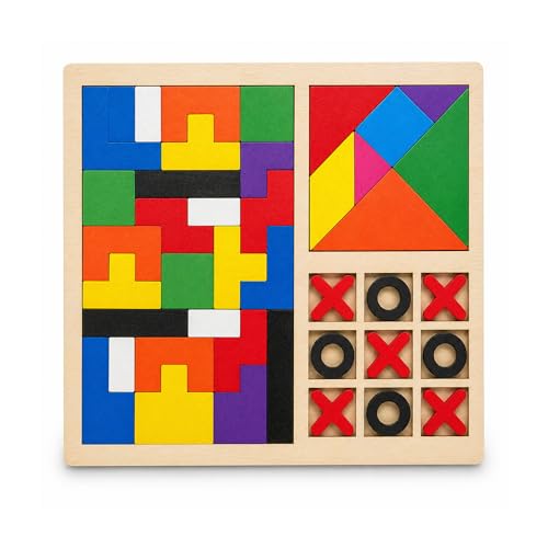 Image of Wudly 3in1 Wooden Puzzle Toy for Kids Tetris Tangram Tic Tac Toe Board Montessori Educational Brain Development Toys for 3-7 Years Logic & IQ Game Birthday Gift for Boys Girls Learning Toy