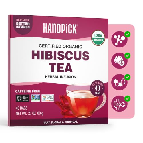 Image of HANDPICK Organic Hibiscus Tea (40 Tea Bags) Pure Indian Hibiscus Flowers
