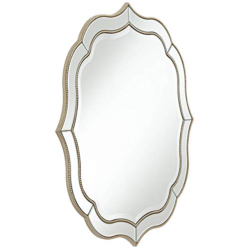 Noble Park Laureen Scalloped Round Vanity Decorative Wall Mirror Modern Champagne Frame Beaded Trim Beveled Glass 32" Wide Decor For Bathroom Bedroom Living Room Home Office Entryway #TOP4
