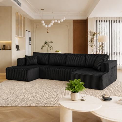 Image of KCGKCG 132 inch U Shaped Corduroy Cloud Couch - No Assembly Required, Black