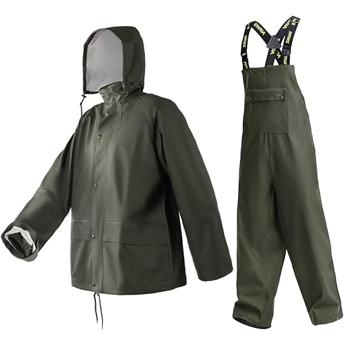 Men's Pro Workwear Heavy Duty 3-Piece Waterproof Rain Suit PU Coated - Hooded Jacket Bib Pants for Farming Construction(Forest Green, Medium)