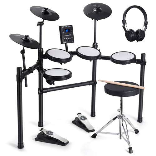 ROCKSOCKI Electric Drum Set, Electronic Drum Kit for Beginner with 8' Dual Zone Snare, Choke Cymbals, 4 Quiet Mesh Drum Pads, MIDI, Stool, Headphone, Sticks