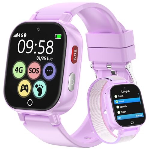 Paarse 4G kids smartwatch met GPS, videogesprekken, SOS-chat en stappenteller