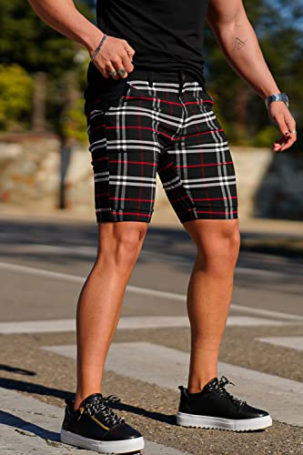 Gingtto Mens Slim Fit 9" Inseam Flat-Front Shorts Chinos Elastic Waist (32, Red Plaid) #TOP3