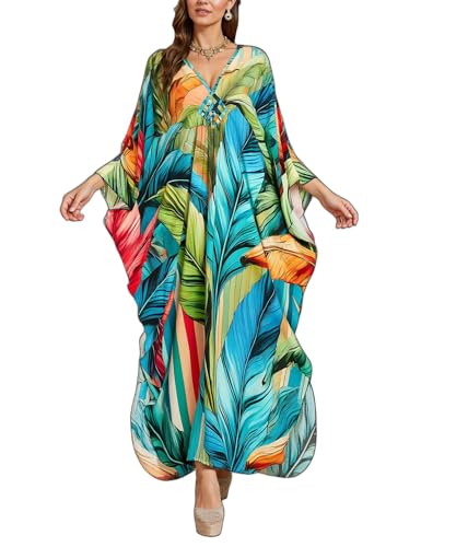 Image of IMAGEKOPE Women's Plus Size Animal Print V-Neck Batwing Kaftan Beach Dress Bathing Suit Cover-Up Loungewear