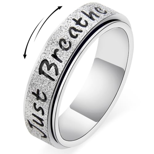 Fidget Spinner Ring for Women - Just Breathe Inspirational & Heart Purity Rings Stainless Steel Anxiety Ring Jewelry for Adults Thumb Roating Hope Rings for Stress Relief Gift for Her (Silver 6)