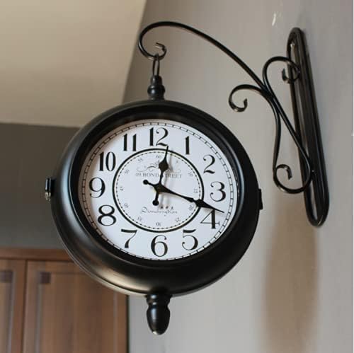 Station Wall Clock, 30Cm Double Sided Wall Clock, Wall Clock Double Sided Indoor & Outdoor Garden Train Station Clock Vintage Antique Look