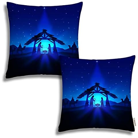2Pack Nativity Scene Christmas Star On Blue Sky and Birth of King Pillowcases Outdoor Decorative Pillow Cases Home Decorative Square 18X18 Inches Pillowcases (2 Pack) Cover