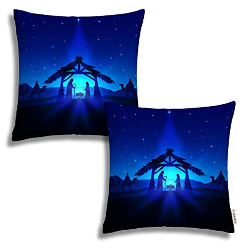 2Pack Nativity Scene Christmas Star On Blue Sky And Birth Of King Pillowcases Outdoor Decorative Pillow Cases Home Decorative Square 18X18 Inches Pillowcases (2 Pack) #TOP7