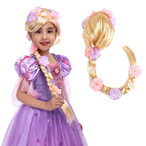 Rabtero Kids Rapunzel Hair Tangled Wig, Long Blonde Wig for Kids, Girls Princess Costume Wig, Halloween Christmas Cosplay Birthday Parties Hair Rapunzel Braid Wig