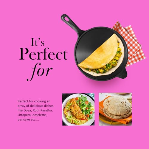 Image of Kichera 10Inch Pre Seasoned Cast Iron Dosa Tawa /Pan with a Long Handle - 1.8kg Weight, Natural Non-Stick Surface | Induction Friendly | Ideal for Dosa, Roti, Chapathi and More