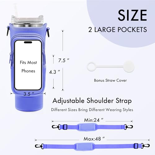 Image of Water Bottle Carrier Bag with Phone Pocket for Stanley Cup 40 /30 oz, Water Bottle Holder with Adjustable Strap& Straw Cover, Stanley Cup Accessories (Violet)