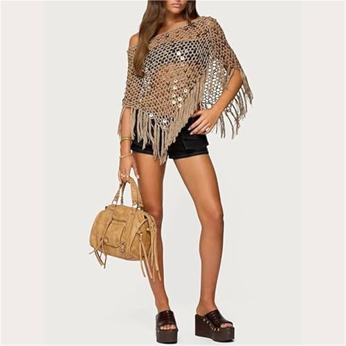 Fringe Sequin Crochet Poncho, Sequin Ponchos Tops for Women, Sheer Mesh Poncho Shrug Bolero Sweater Shawl3
