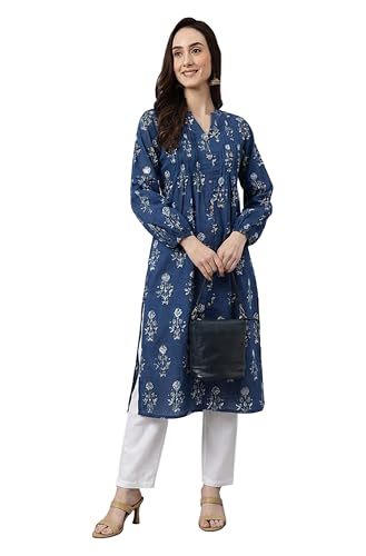 Image of Janasya Women's Pure Cotton Floral Printed A-line Kurta
