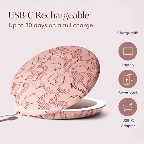 Image of Fancii Taylor LED Lighted Travel Makeup Mirror, Rechargeable, 10x /1x Magnifying, Tru-Glow Lighting System, XL Large 5 inch Wide | Compact Mirror for Purses (Mocha Lace)